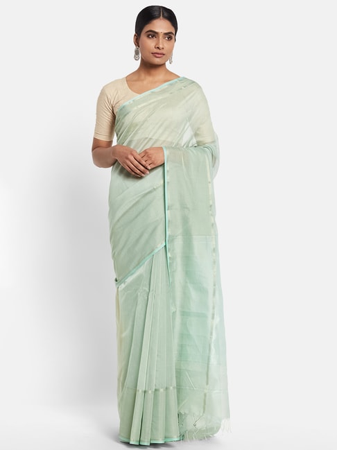 Fabindia Green Cotton Silk Woven Saree Price in India