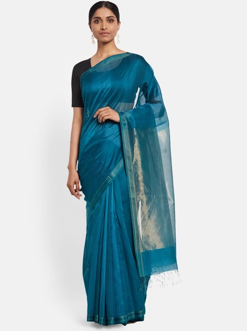 Fabindia Teal Blue Cotton Silk Woven Saree Price in India