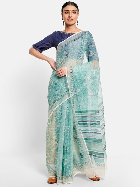 Fabindia Turquoise Cotton Silk Printed Saree Price in India