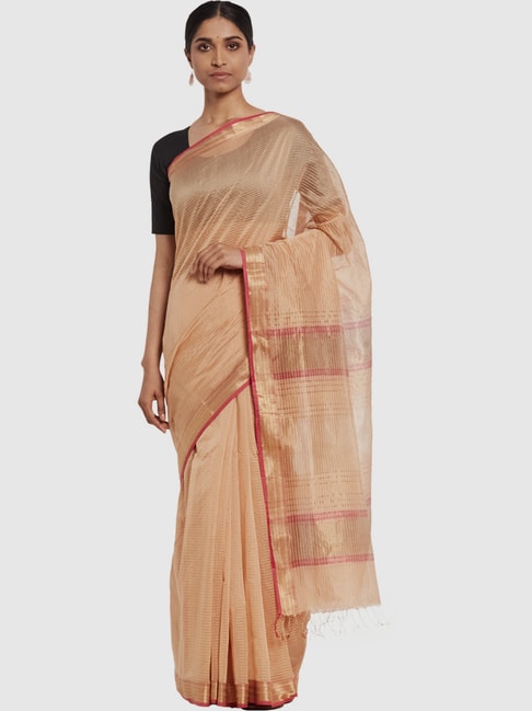 Fabindia Beige Cotton Silk Woven Saree Price in India