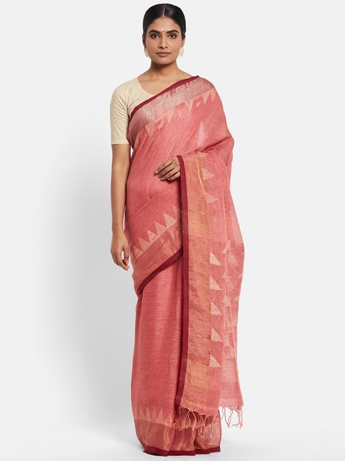 Fabindia Pink Linen Woven Saree Price in India