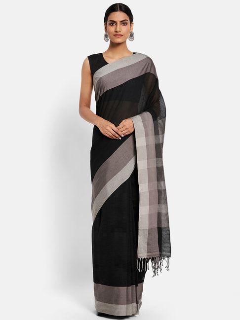 Fabindia Black Cotton Striped Saree Price in India