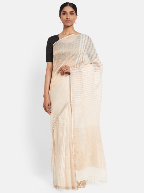 Fabindia Off-White Linen Striped Saree Price in India