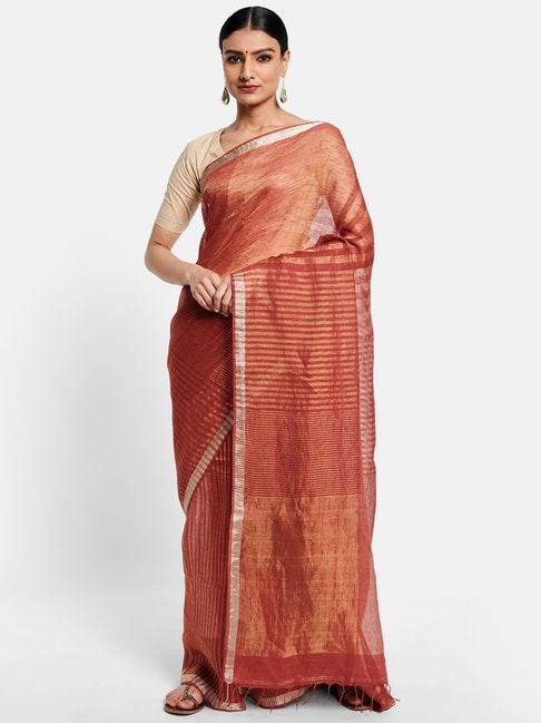 Fabindia Rust Linen Striped Saree Price in India