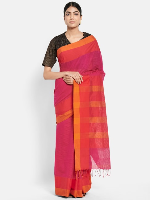 Fabindia Pink Cotton Striped Saree Price in India