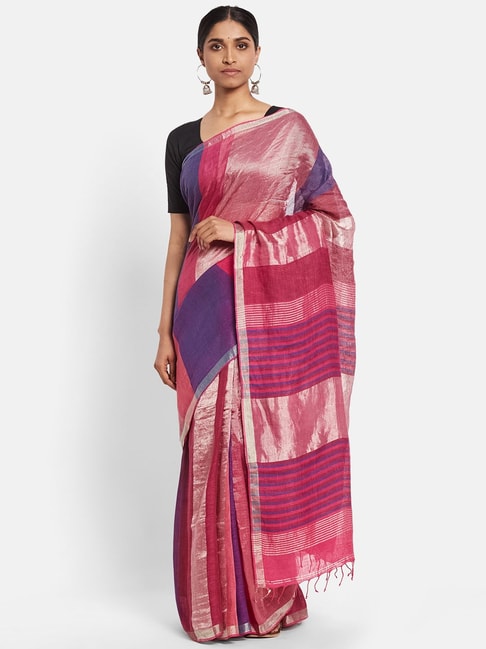 Fabindia Pink Linen Striped Saree Price in India