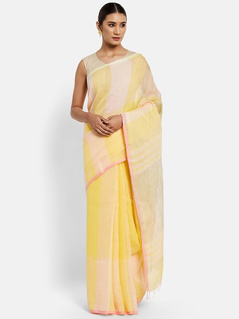 Fabindia Yellow Linen Striped Saree Price in India