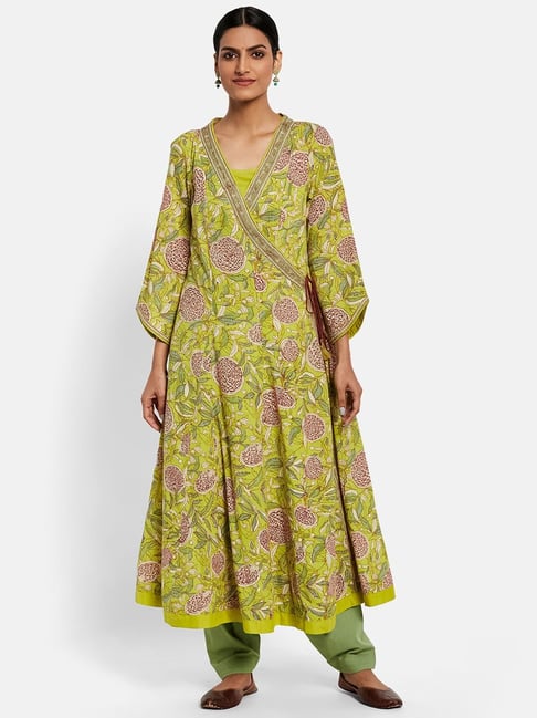 Buy Fabindia Green Cotton Printed Angrakha Kurta for Women Online