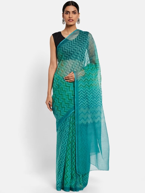 Fabindia Teal Green Cotton Silk Printed Saree Price in India