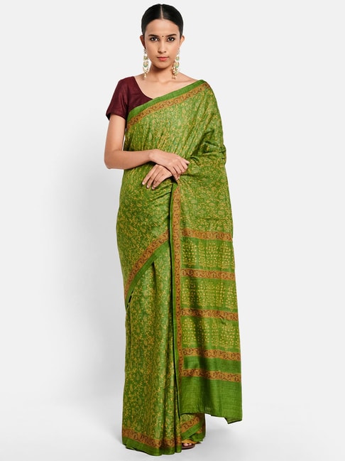 Fabindia Green Silk Printed Saree Price in India