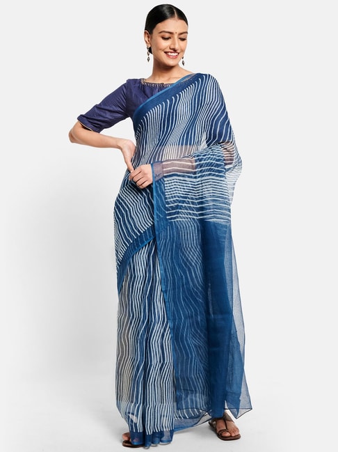 Fabindia Blue Cotton Silk Striped Saree Price in India
