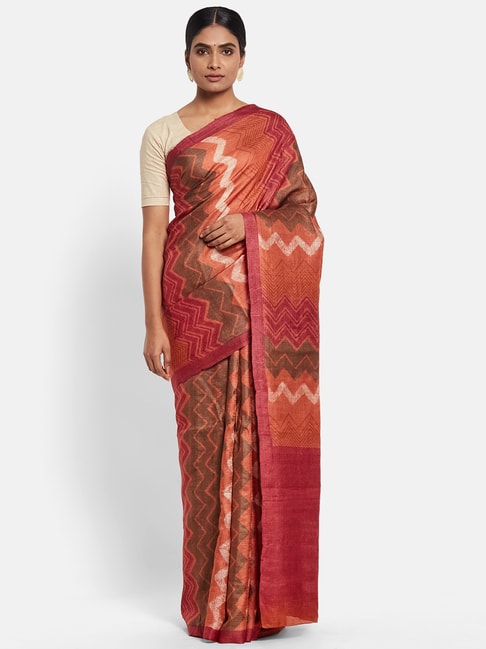 Fabindia Rust Silk Printed Saree Price in India