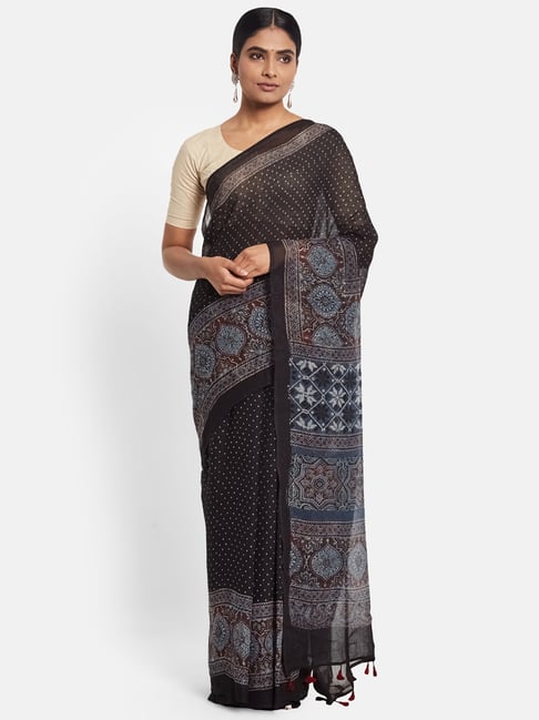 Fabindia Black Cotton Silk Printed Saree Price in India