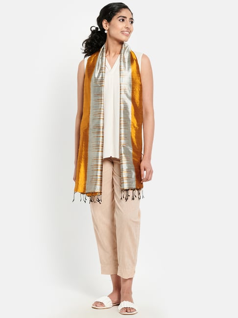 Fabindia Mustard & Grey Woven Pattern Stole-image-34