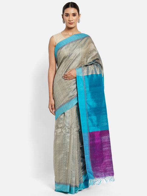 Fabindia Grey Silk Cotton Textured Pattern Saree Price in India