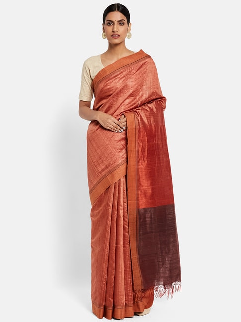 Fabindia Rust Silk Cotton Textured Pattern Saree Price in India