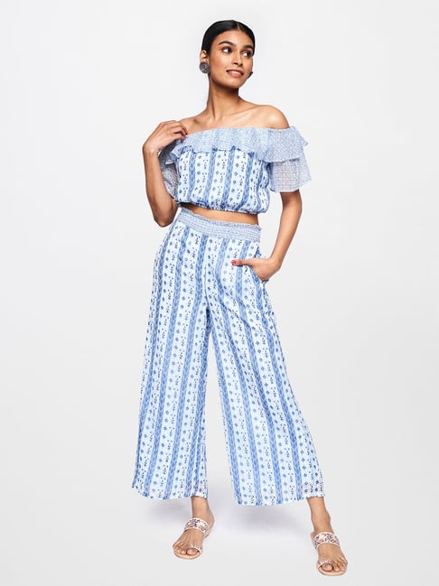 Global Desi Blue Printed Crop Top with Pants