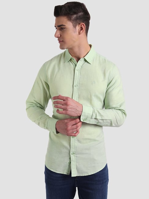 United Colors Of Benetton Light Green Linen Slim Fit Shirt