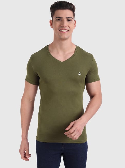 United Colors Of Benetton Olive Cotton Regular Fit T-Shirt