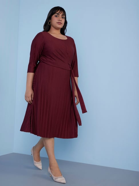 Gia Curves by Westside Burgundy Plisse Dress with Belt Price in India