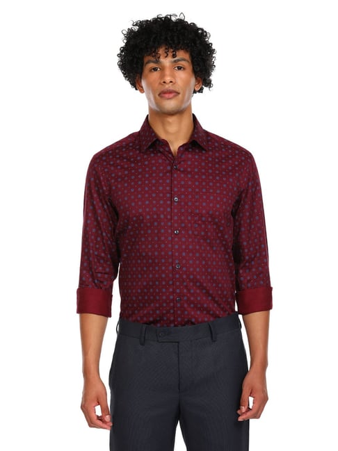 Arrow Maroon Cotton Regular Fit Printed Shirt