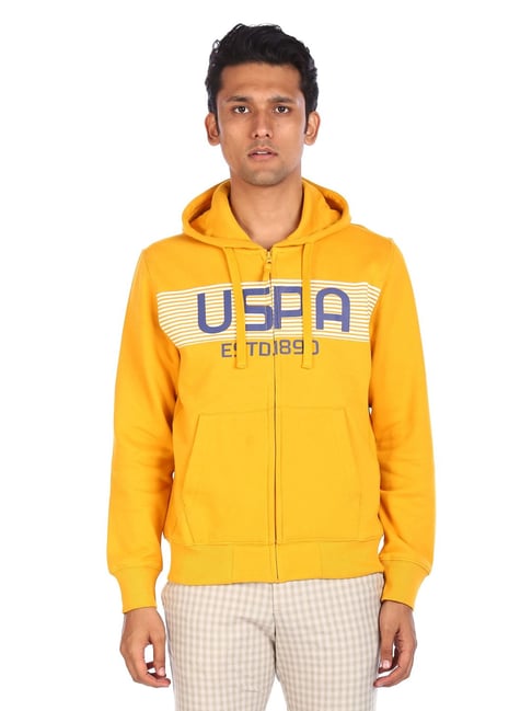 U S Polo Assn U.S. Polo Assn. Yellow Regular Fit Printed Hooded Sweatshirt