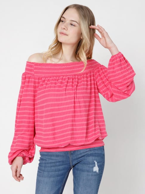 Vero Moda Pink Striped Off Shoulder Top