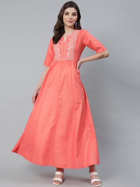 Aks Peach Embroidered Anarkali Kurta Price in India