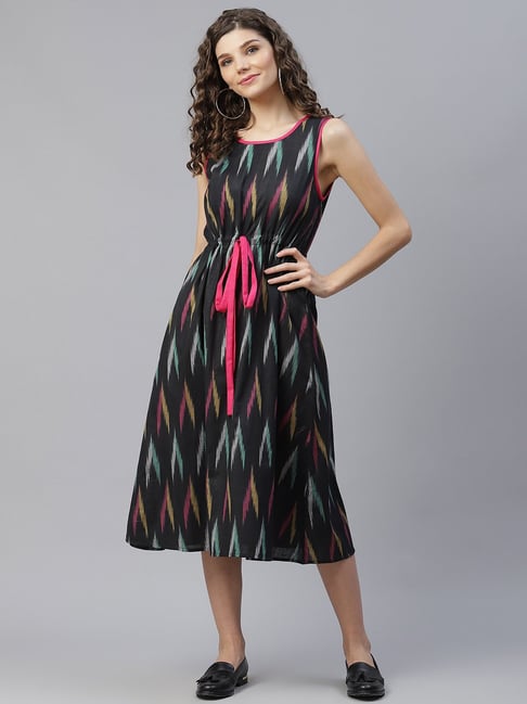 Aks Black Printed Full Length Dress