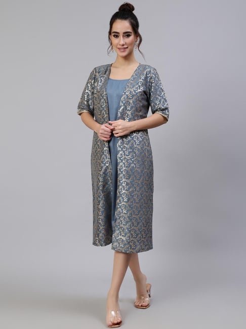 Aks Blue Printed Knee-Length Dress With Jacket Price in India
