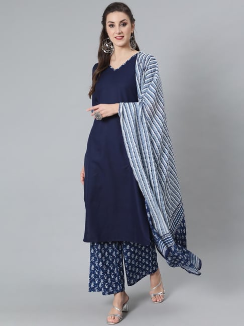 Aks Navy Kurta With Palazzo & Dupatta Price in India