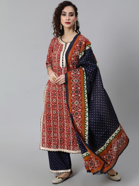 Aks Maroon & Navy Printed Kurta With Palazzo & Dupatta Price in India