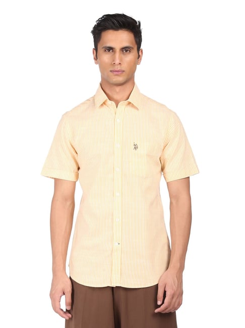 U S Polo Assn U.S. Polo Assn. Yellow Cotton Regular Fit Striped Shirt