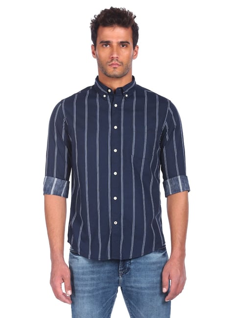 Aeropostale Navy Cotton Regular Fit Striped Shirt