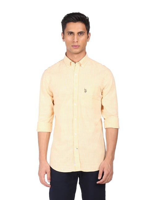 U S Polo Assn U.S. Polo Assn. Yellow Cotton Regular Fit Striped Shirt