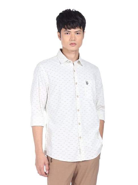 U S Polo Assn U.S. Polo Assn. White Cotton Regular Fit Printed Shirt