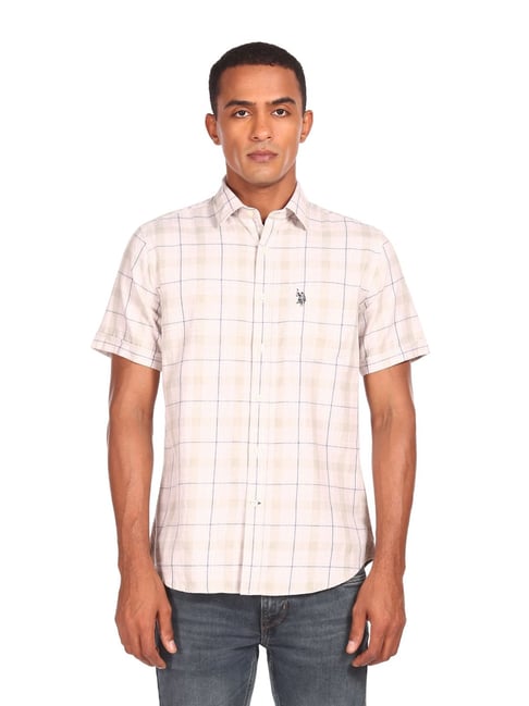 U S Polo Assn U.S. Polo Assn. Beige Cotton Regular Fit Checks Shirt