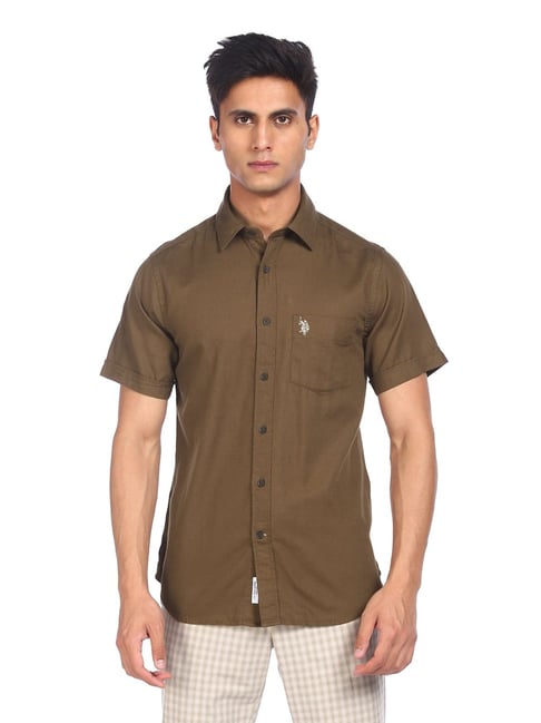 U S Polo Assn U.S. Polo Assn. Dark Brown Cotton Regular Fit Self Pattern Shirt