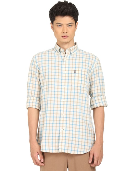 U S Polo Assn U.S. Polo Assn. Beige Cotton Regular Fit Checks Shirt