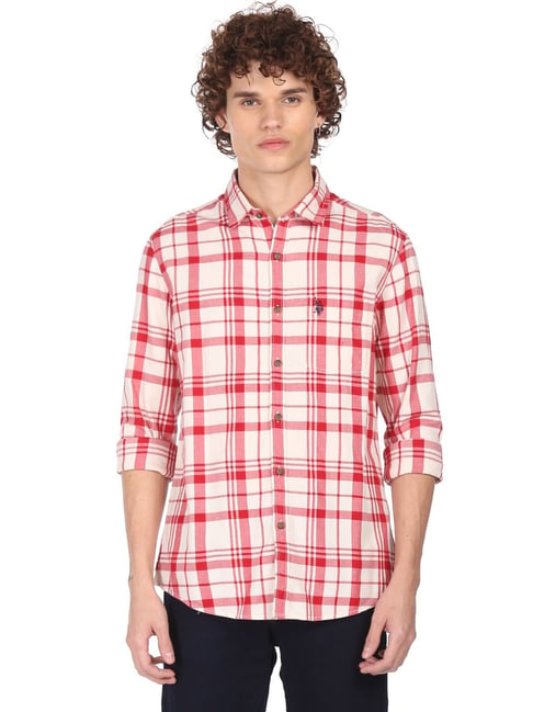 U S Polo Assn U.S. Polo Assn. Beige & Red Cotton Regular Fit Checks Shirt