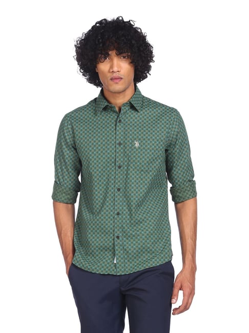 U S Polo Assn U.S. Polo Assn. Green Cotton Regular Fit Printed Shirt