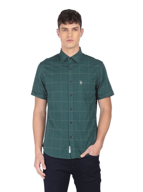 U S Polo Assn U.S. Polo Assn. Green Cotton Regular Fit Checks Shirt