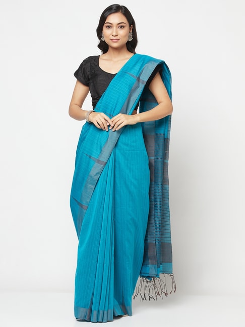Fabindia Blue Cotton Silk Woven Saree Price in India