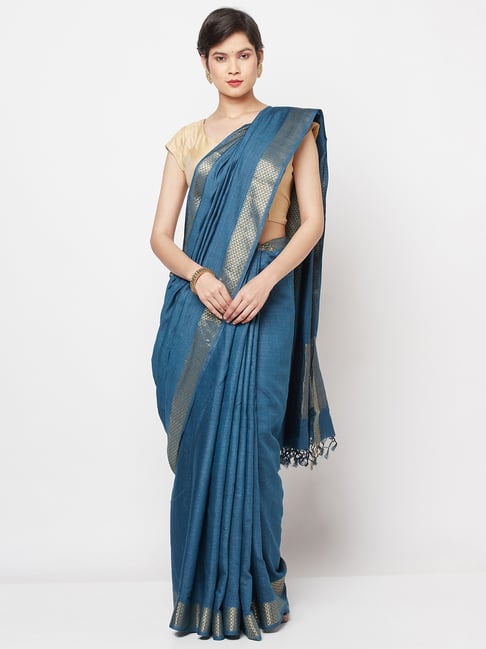 Fabindia Blue Silk Woven Saree Price in India