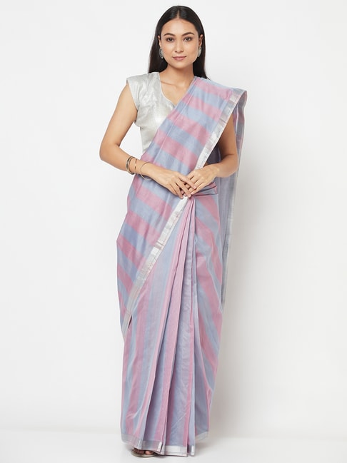 Fabindia Lilac & Pink Cotton Silk Striped Saree Price in India