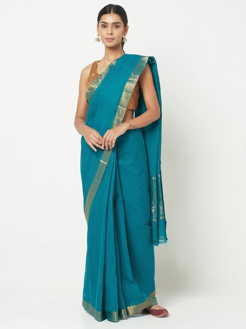 Fabindia Teal Blue Cotton Woven Saree Price in India