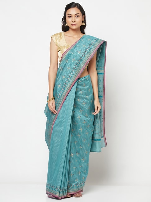 Fabindia Blue Cotton Silk Printed Saree Price in India