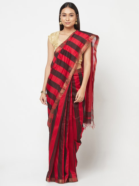 Fabindia Red & Black Cotton Silk Striped Saree Price in India