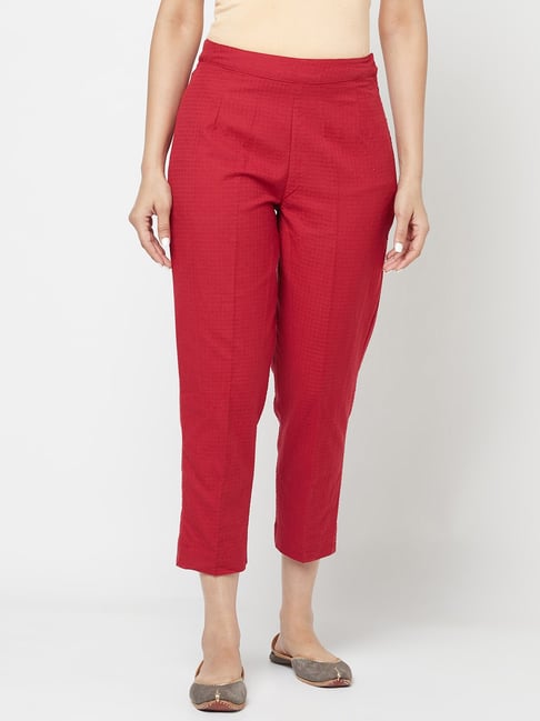 Fabindia Red Cotton Mid Rise Cropped Pants