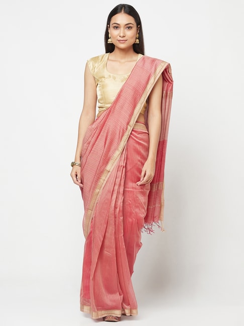 Fabindia Pink Cotton Silk Striped Saree Price in India